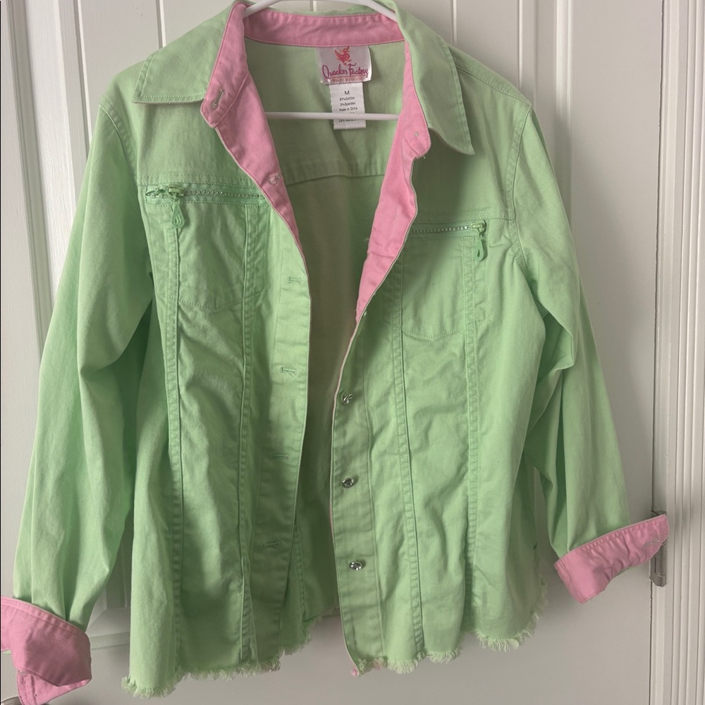 Quacker Factory Green/Pink Sparkle Detail 90s Style Vintage Jean Shirt/Jacket